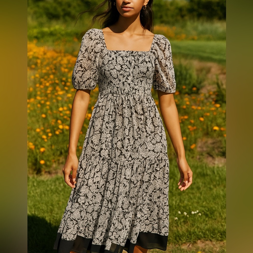 👗🌟Anthropologie Square Neck Smocked Midi Dress Boho Floral Black White XS 0 2 - Picture 9 of 12